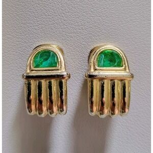 DAVID‎ GRAU BARCELONA SPAIN VINTAGE GREEN GOLD TONE STATEMENT CLIP ON EARRINGS